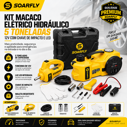 Kit Macaco Elétrico Hidráulico 5 Toneladas 12V Com Chave De Impacto e Compressor Digital