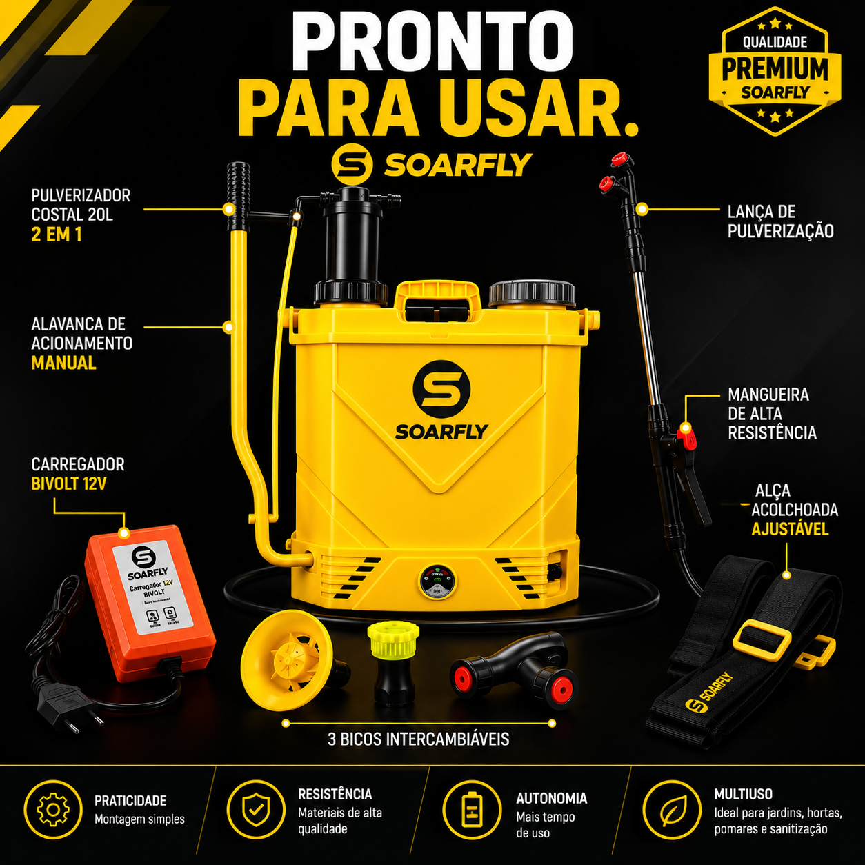 Pulverizador Costal 2 em 1 Elétrico e Manual 20L 12V Soarfly VK-20L PRO