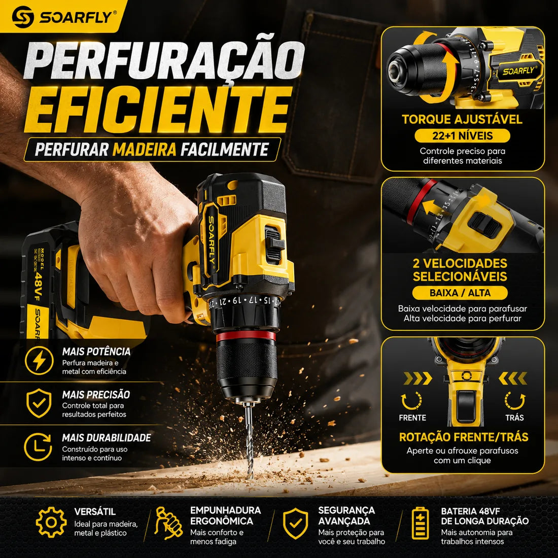 Furadeira e Parafusadeira de Impacto SOARFLY 48Vf com 22+1 Níveis de Torque