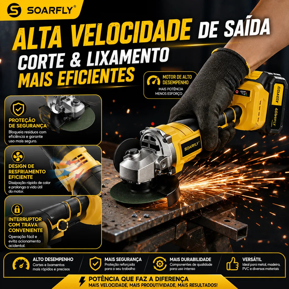 Esmerilhadeira Angular SOARFLY 48Vf com Protetor de Segurança
