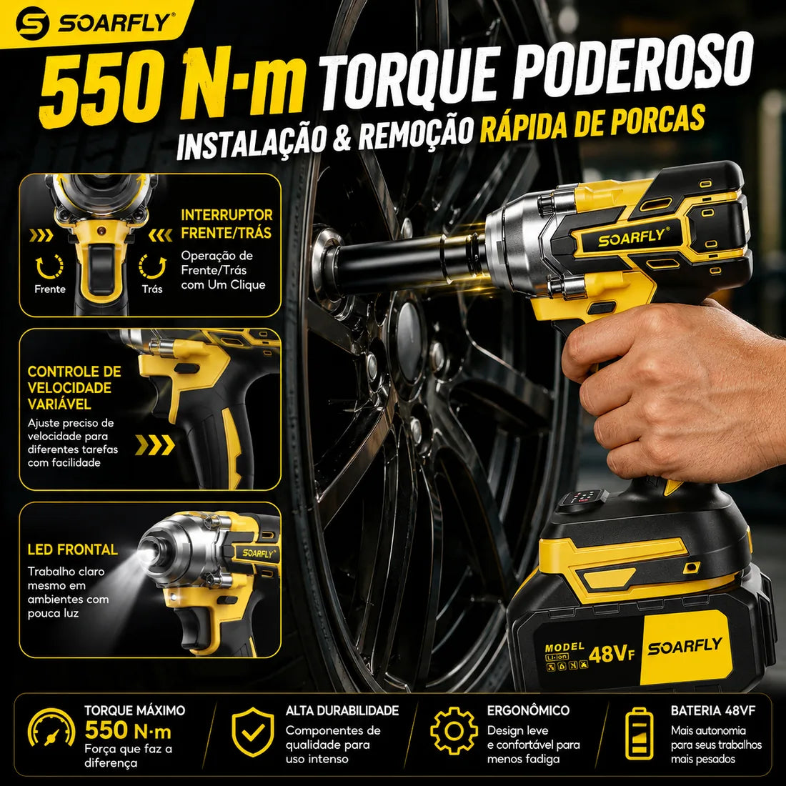 Chave de Impacto SOARFLY 48Vf com 550 Nm de Torque e LED Frontal